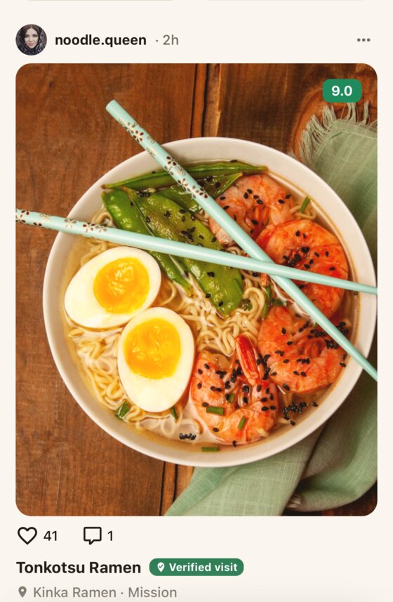 A plate posted in Plates — Tonkotsu Ramen at Kinka Ramen, rated 9.0 with a verified visit